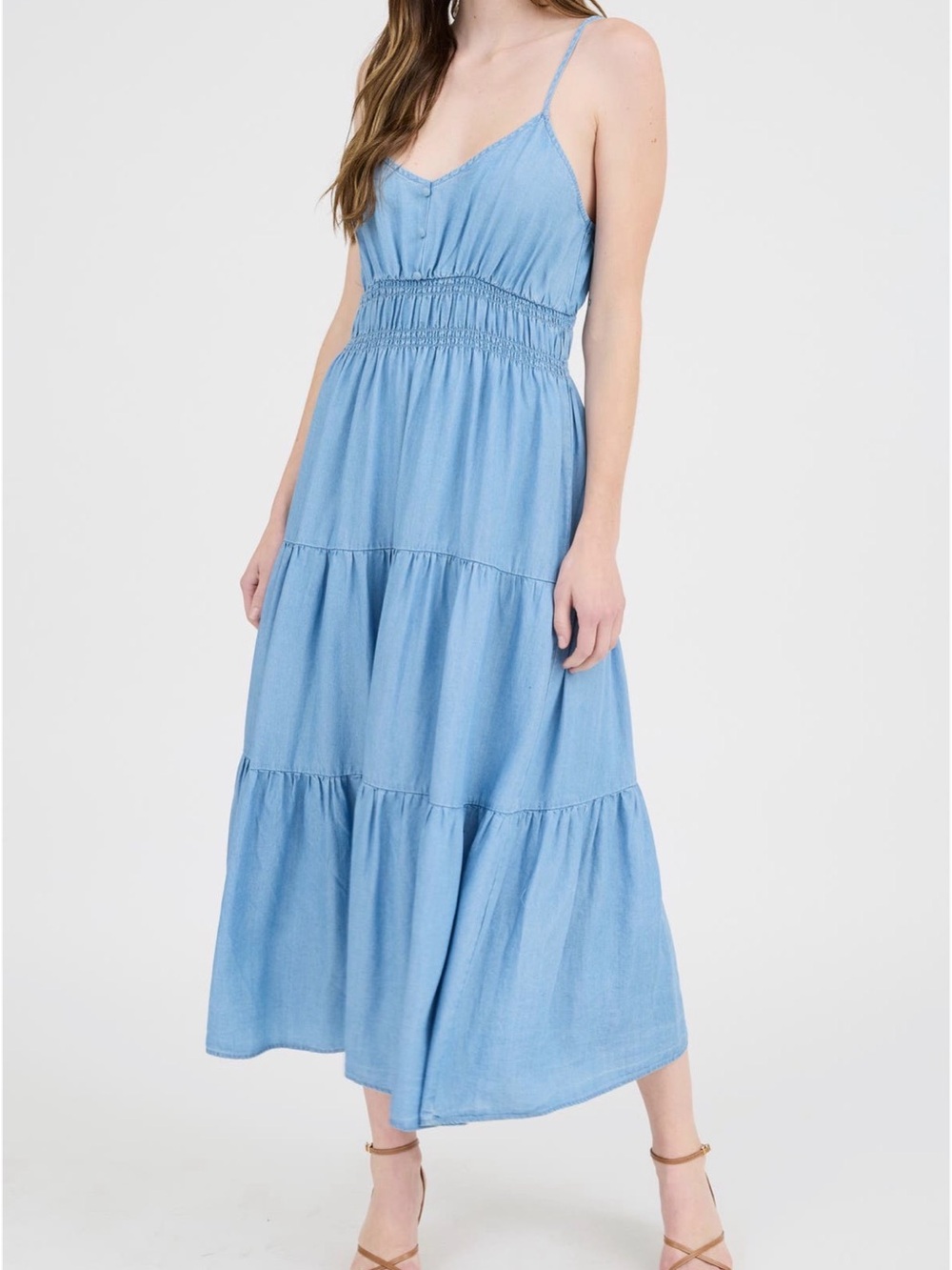 Blu Pepper blue chambray tiered Maxi Dress with Spaghetti Straps - Large
